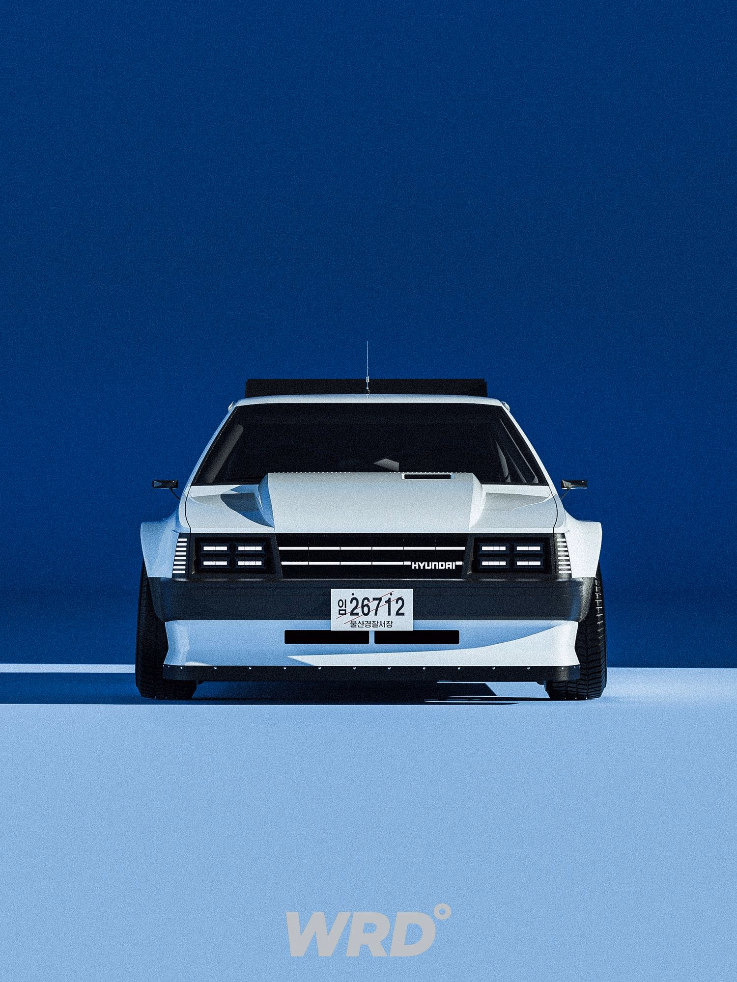 CGI render of a white wide-body Hyundai Stellar Wagon rally car with a Korean temporary police plate, Project712 by WRD WORLD